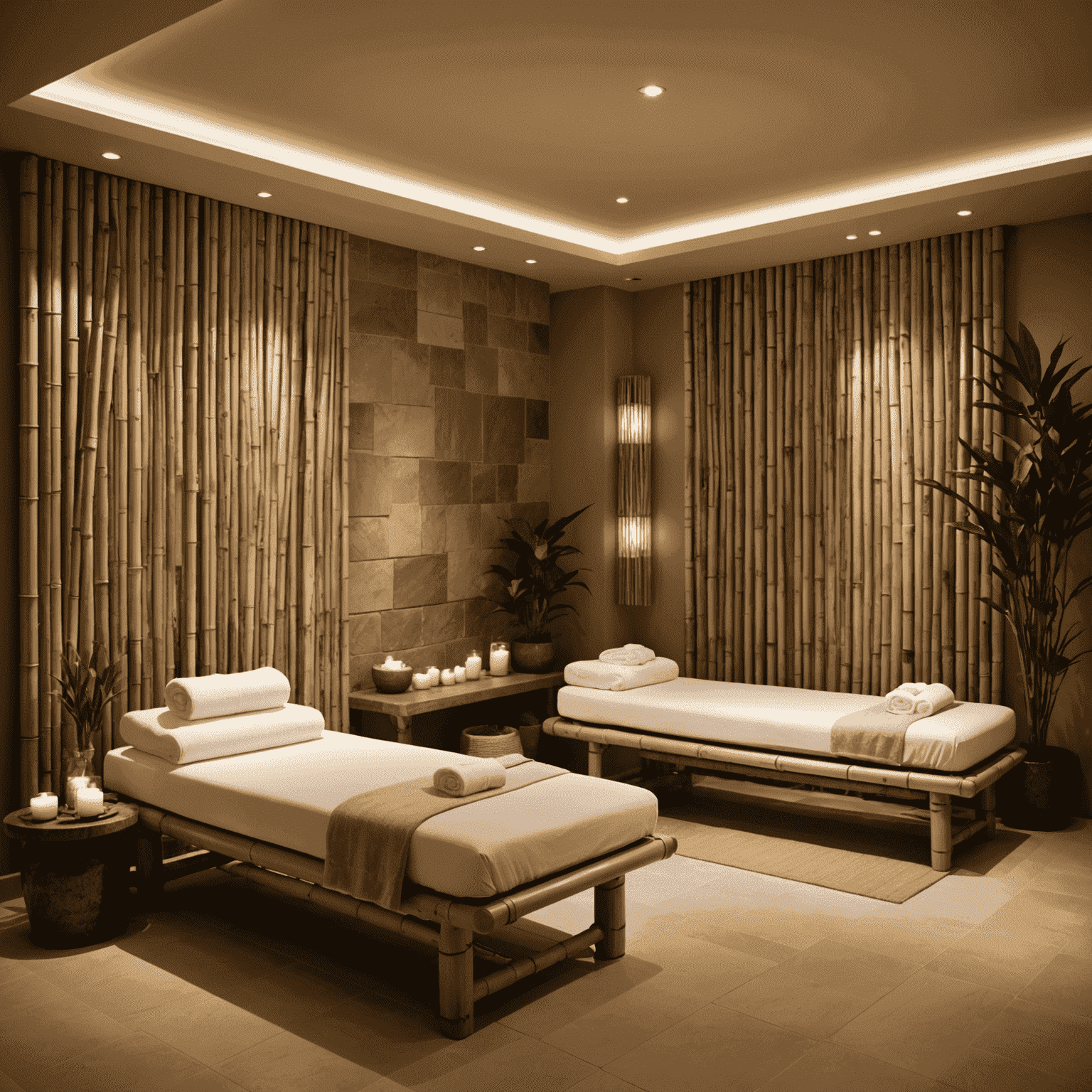 Serene spa interior with soft lighting, plush treatment beds, and natural decor elements like bamboo and stone, creating a luxurious and calming atmosphere