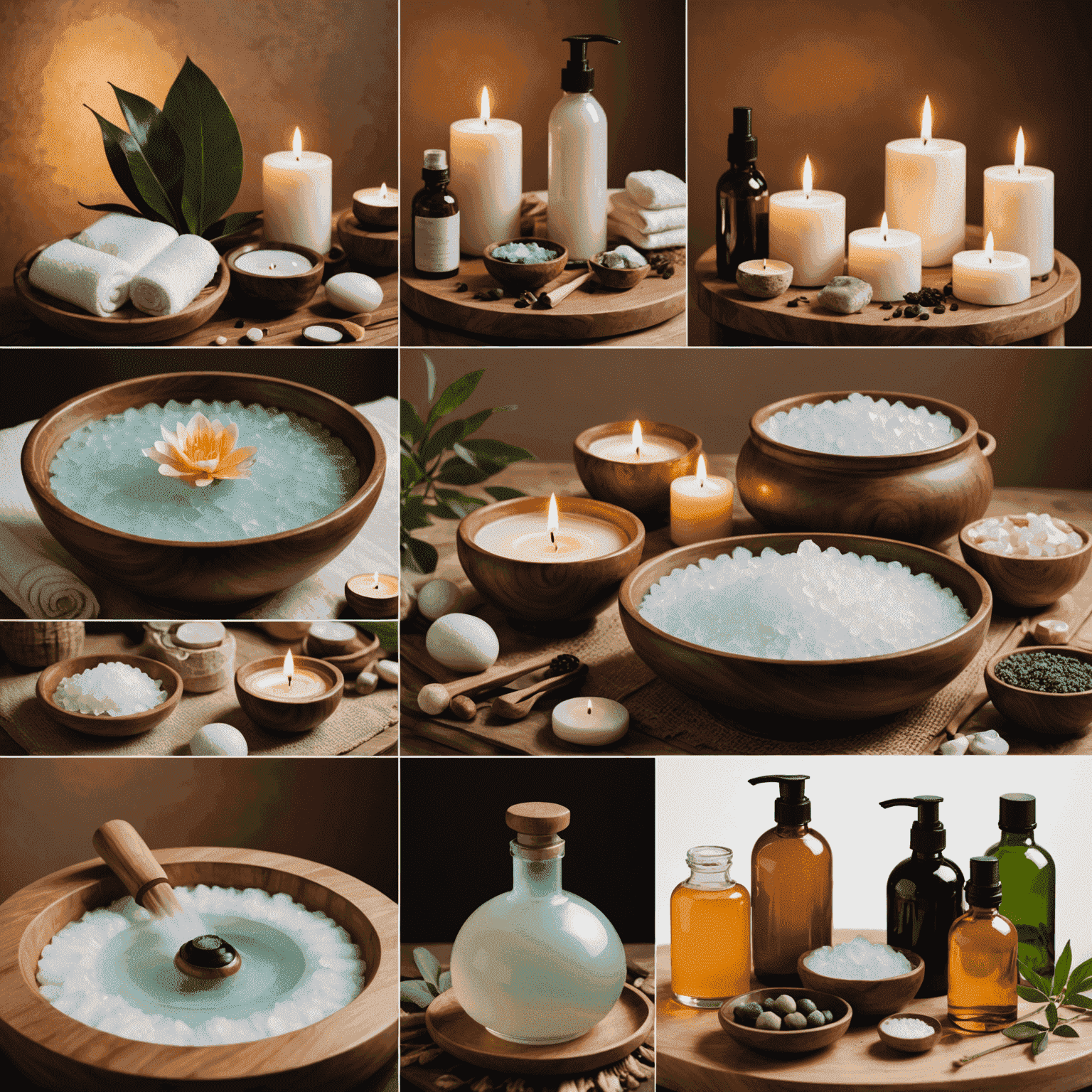 Collage of modern spa treatments including cryotherapy, sound healing, and eco-friendly products