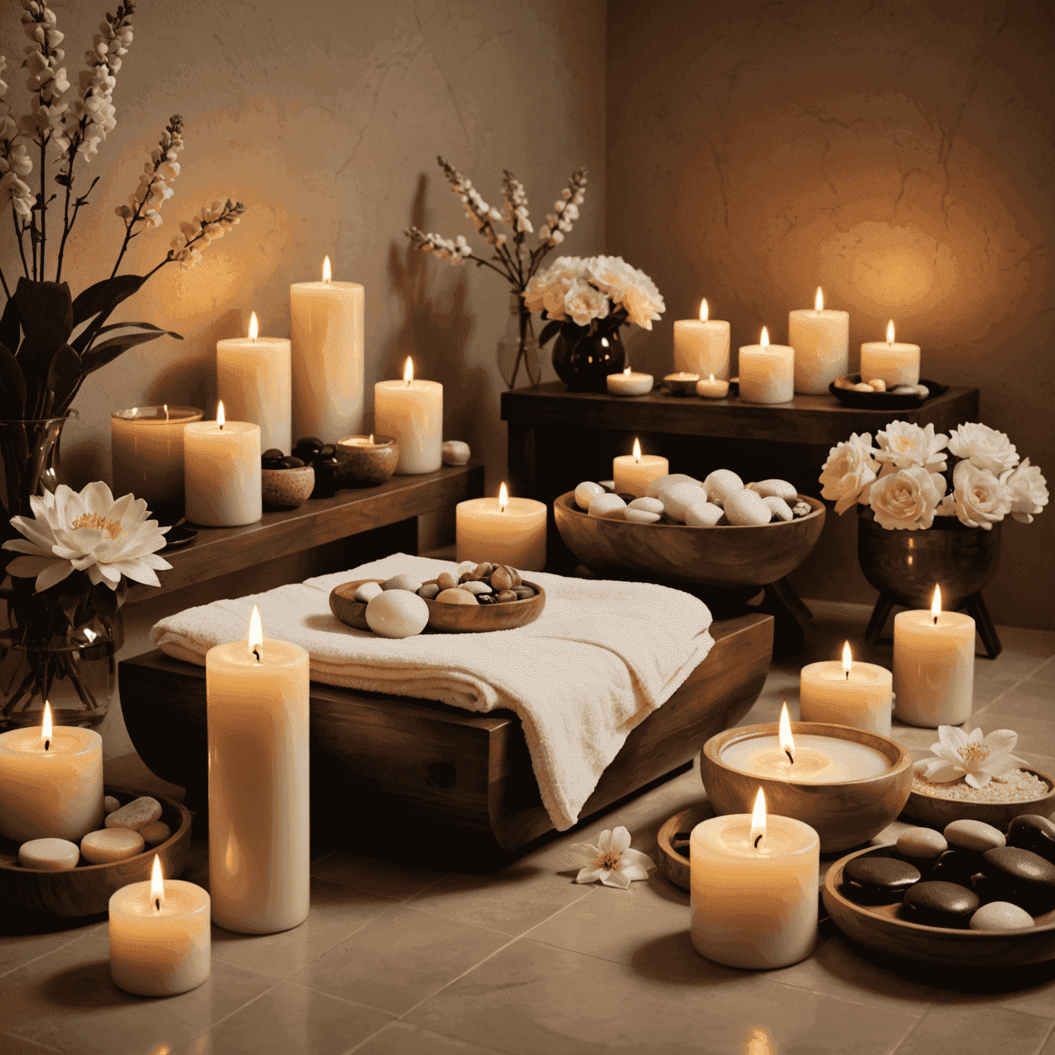 Luxurious spa setting with candles, flowers, and treatment products favored by celebrities