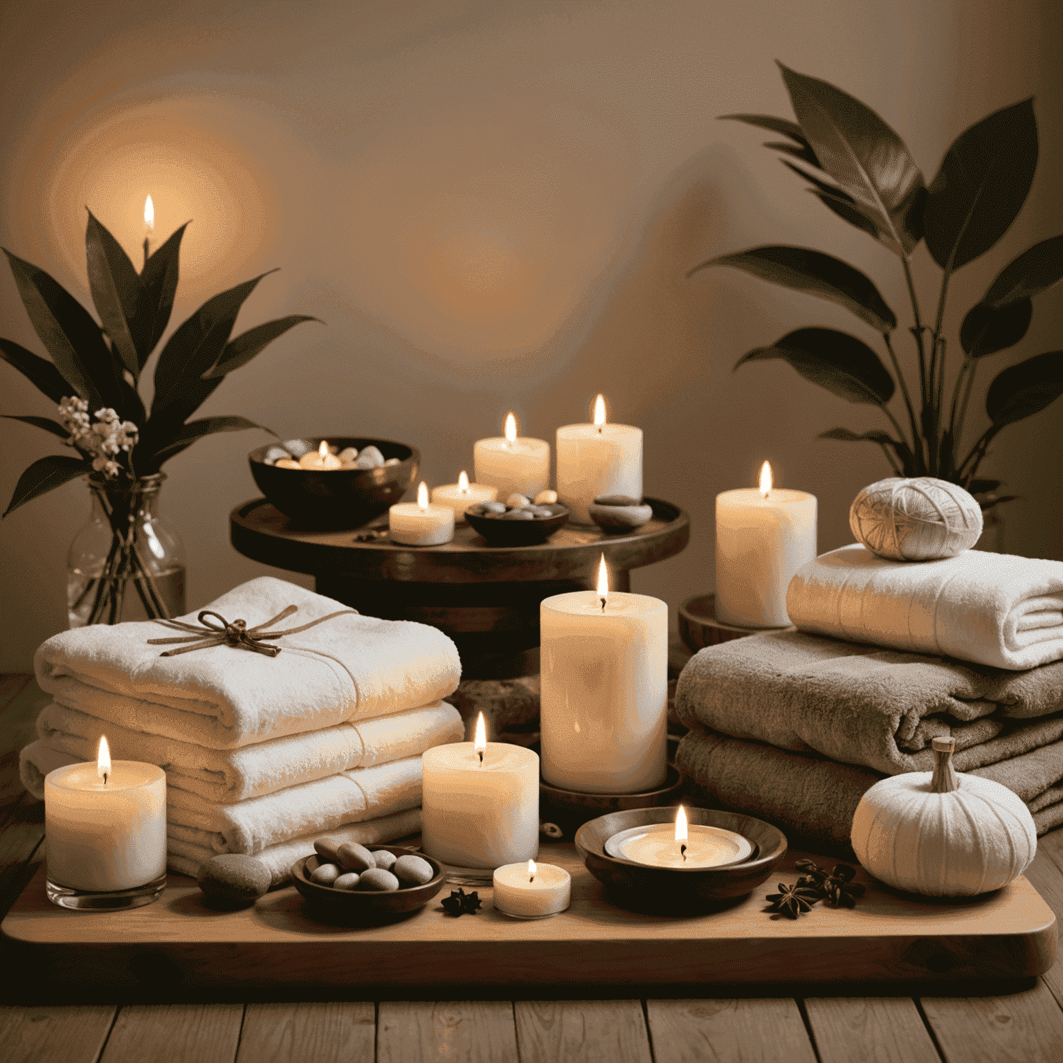 A serene spa setting with a massage table, candles, and natural elements, representing the scientific approach to relaxation