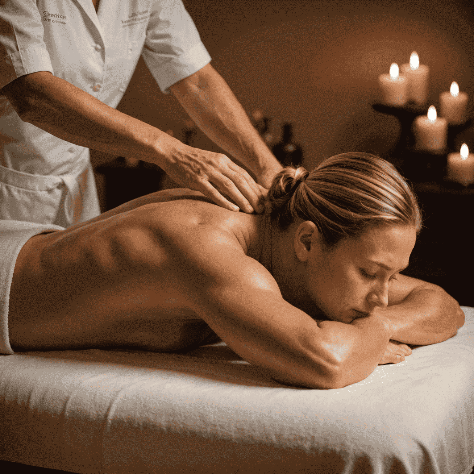 A therapist performing Swedish massage techniques on a client's back, using long, flowing strokes in a serene spa setting with soft lighting and natural decor