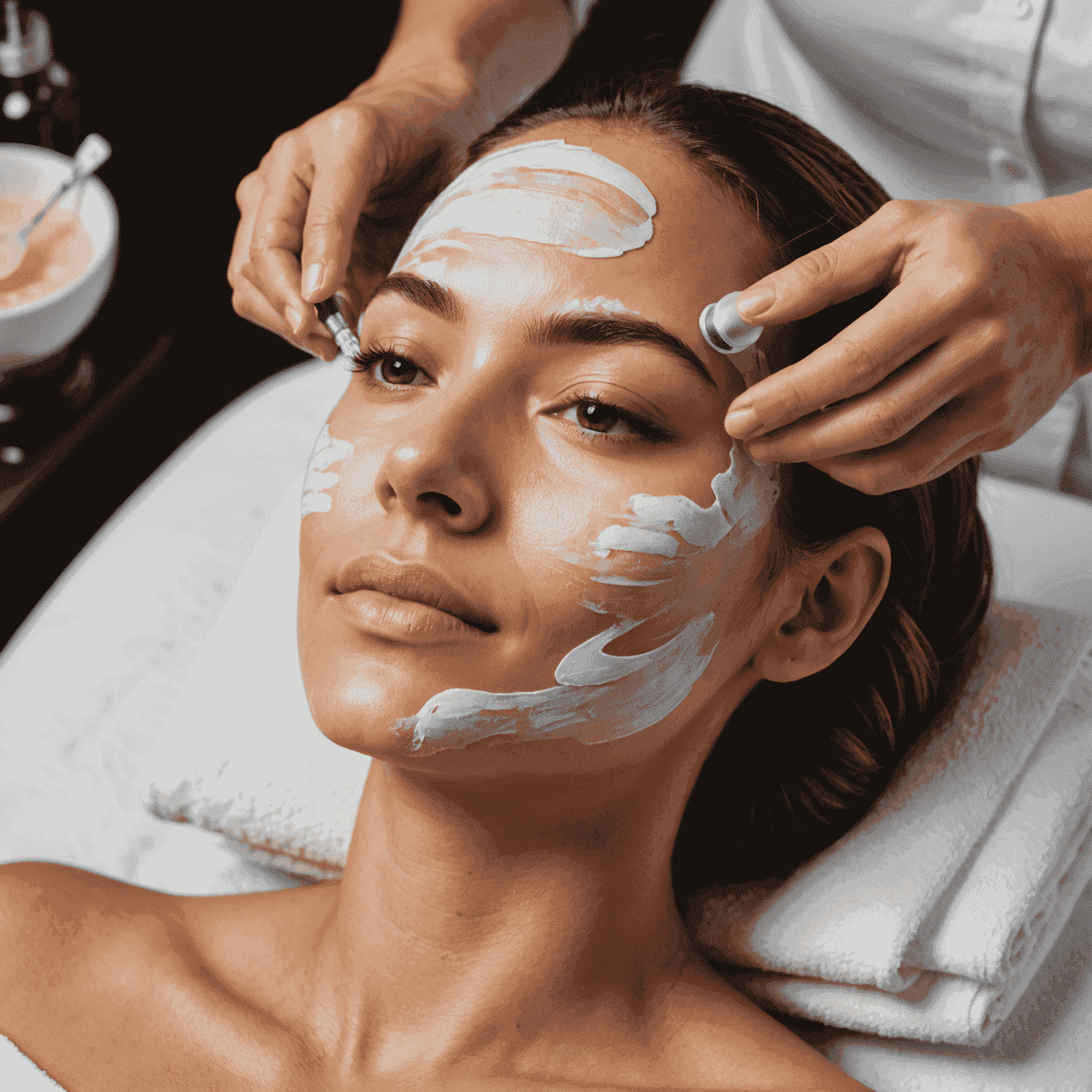 A woman receiving a hydrating facial treatment, her skin glowing with moisture as the esthetician applies a nourishing mask