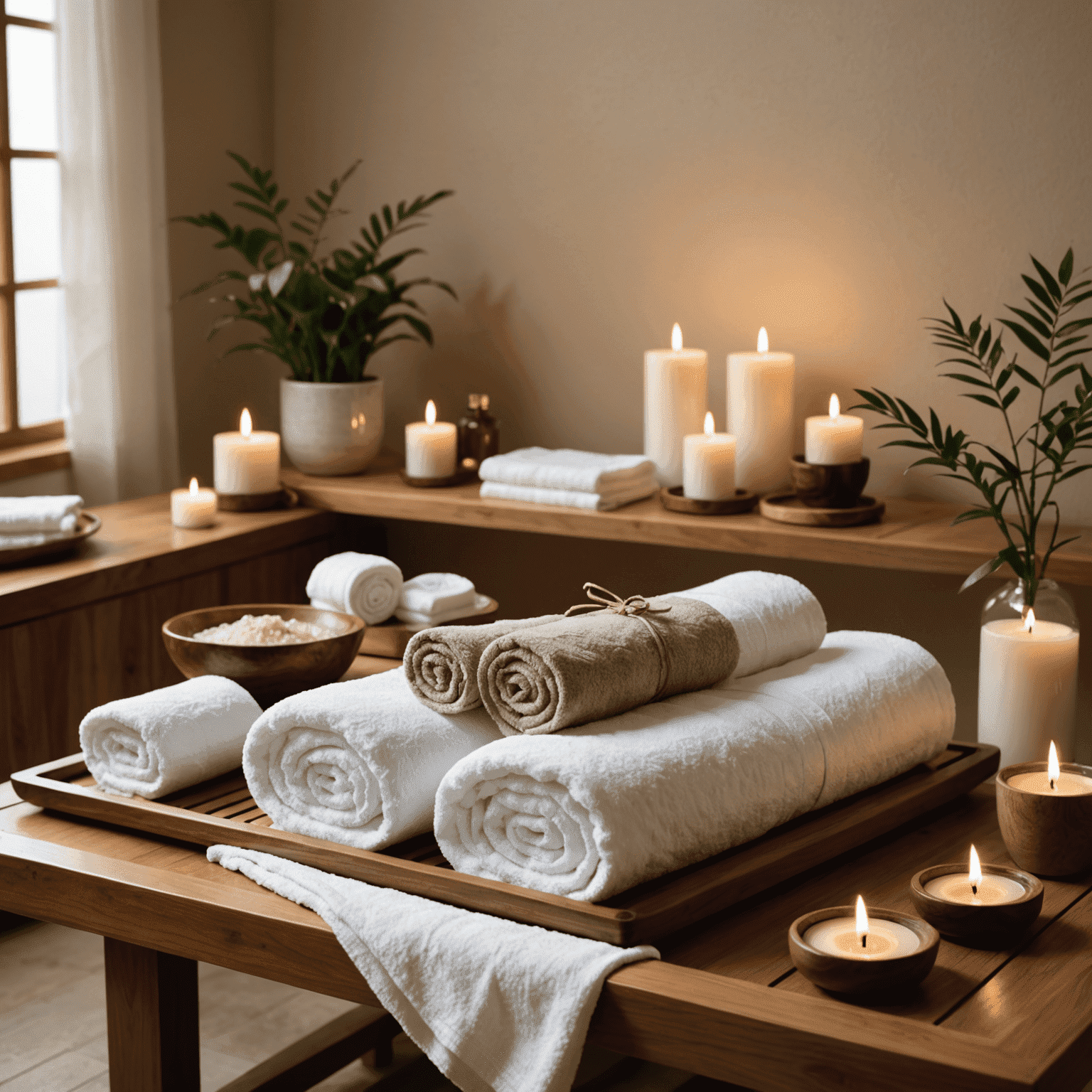 A luxurious spa room with soft lighting, featuring a treatment table draped in plush white towels. Various natural ingredients for body wraps and scrubs are artfully displayed on a nearby wooden tray.