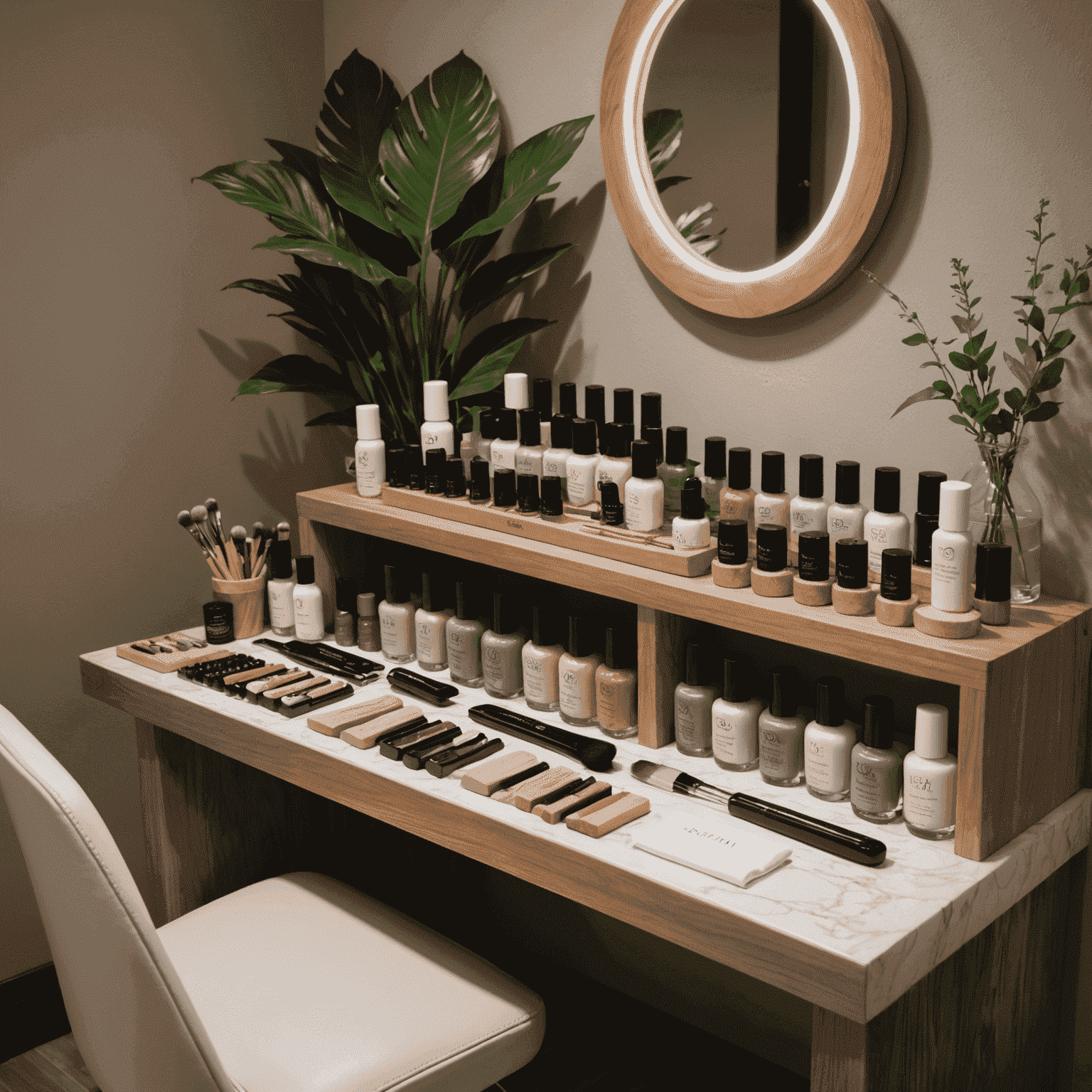 A serene nail care station with organic products, soft lighting, and a comfortable chair. The image showcases various eco-friendly nail polishes and tools arranged neatly.