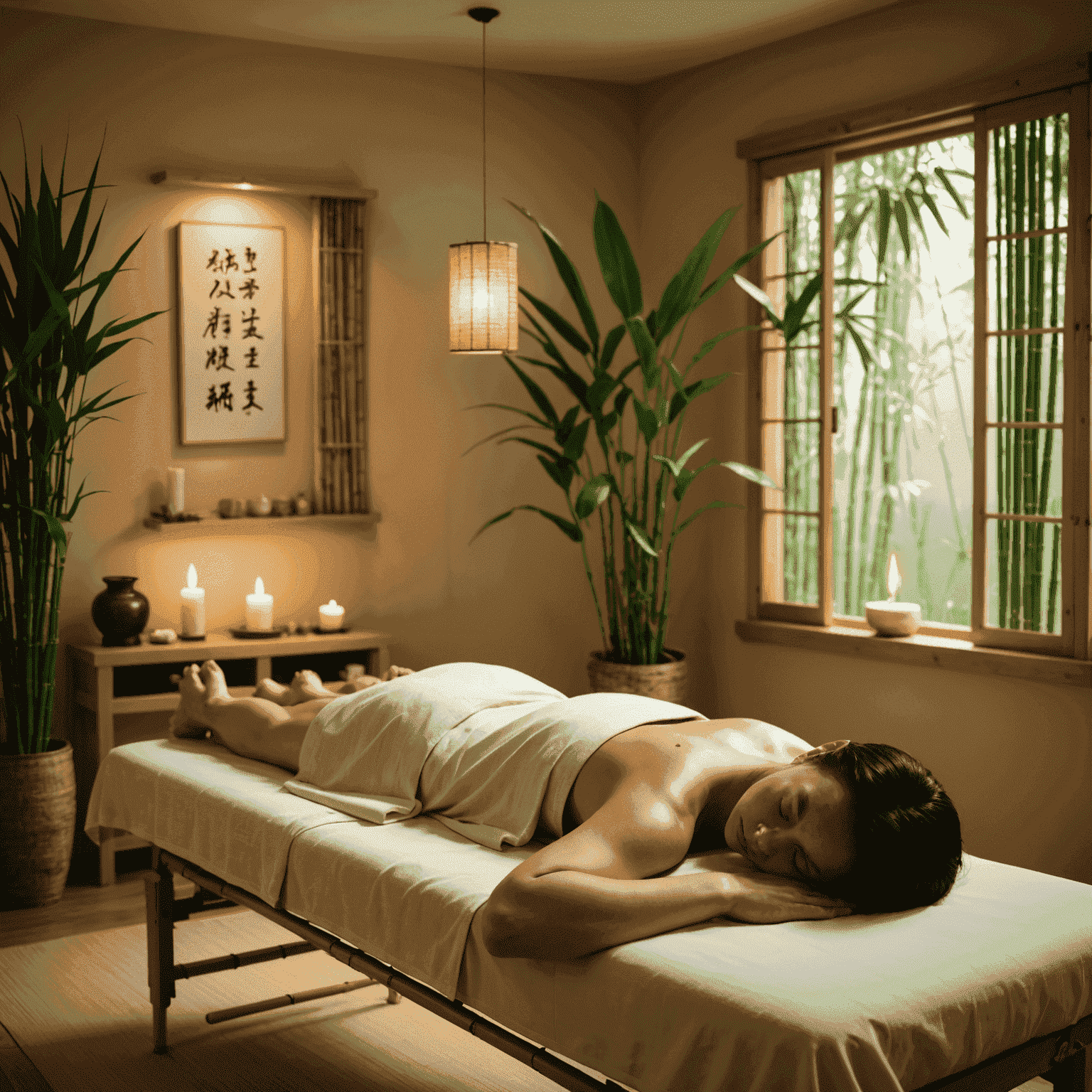 A serene acupuncture treatment room with a patient lying on a massage table, surrounded by soft lighting and bamboo decor. Fine acupuncture needles are visible on the patient's back.