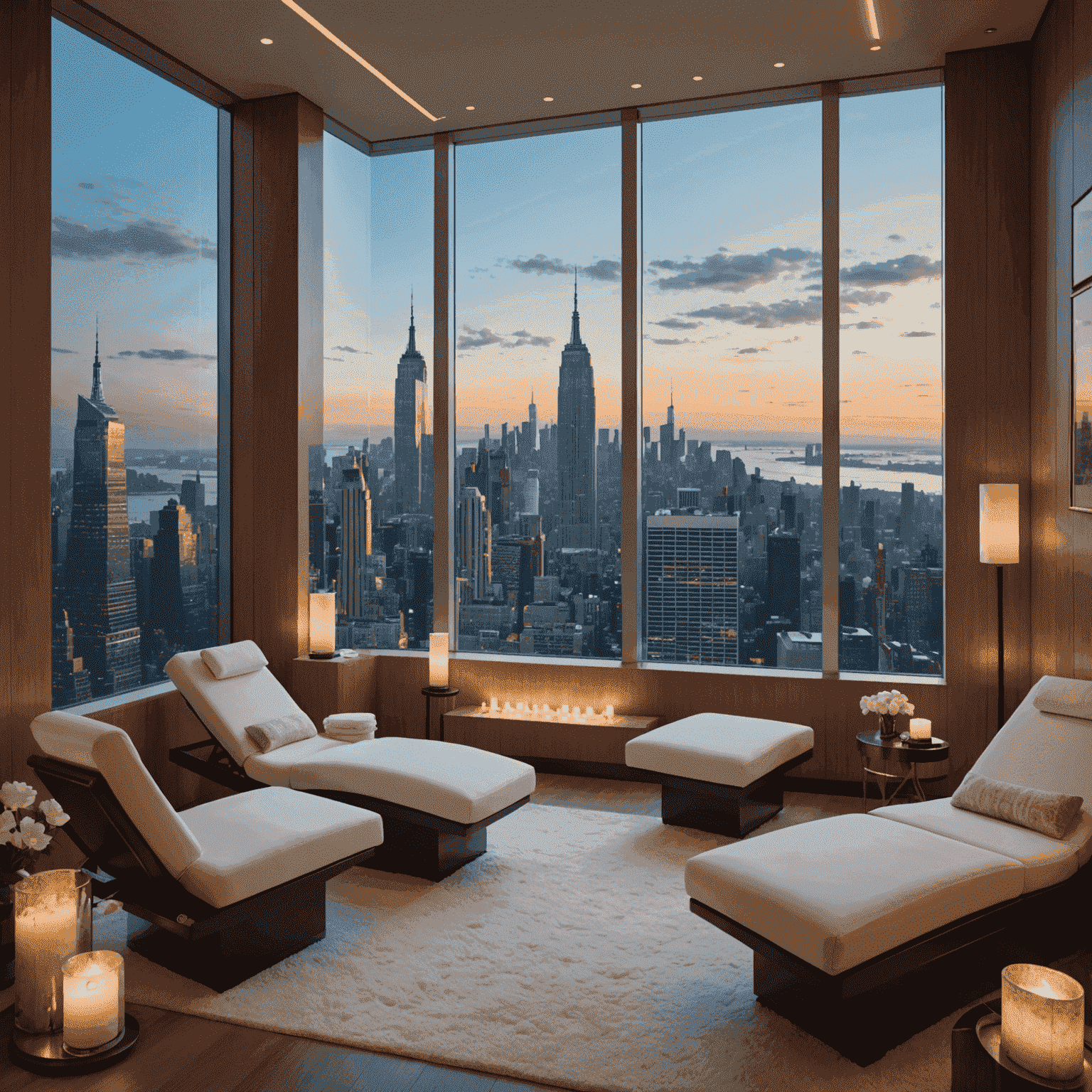 Panoramic view of a luxurious spa relaxation area with comfortable loungers, soft lighting, and a glimpse of the New York City skyline through large windows