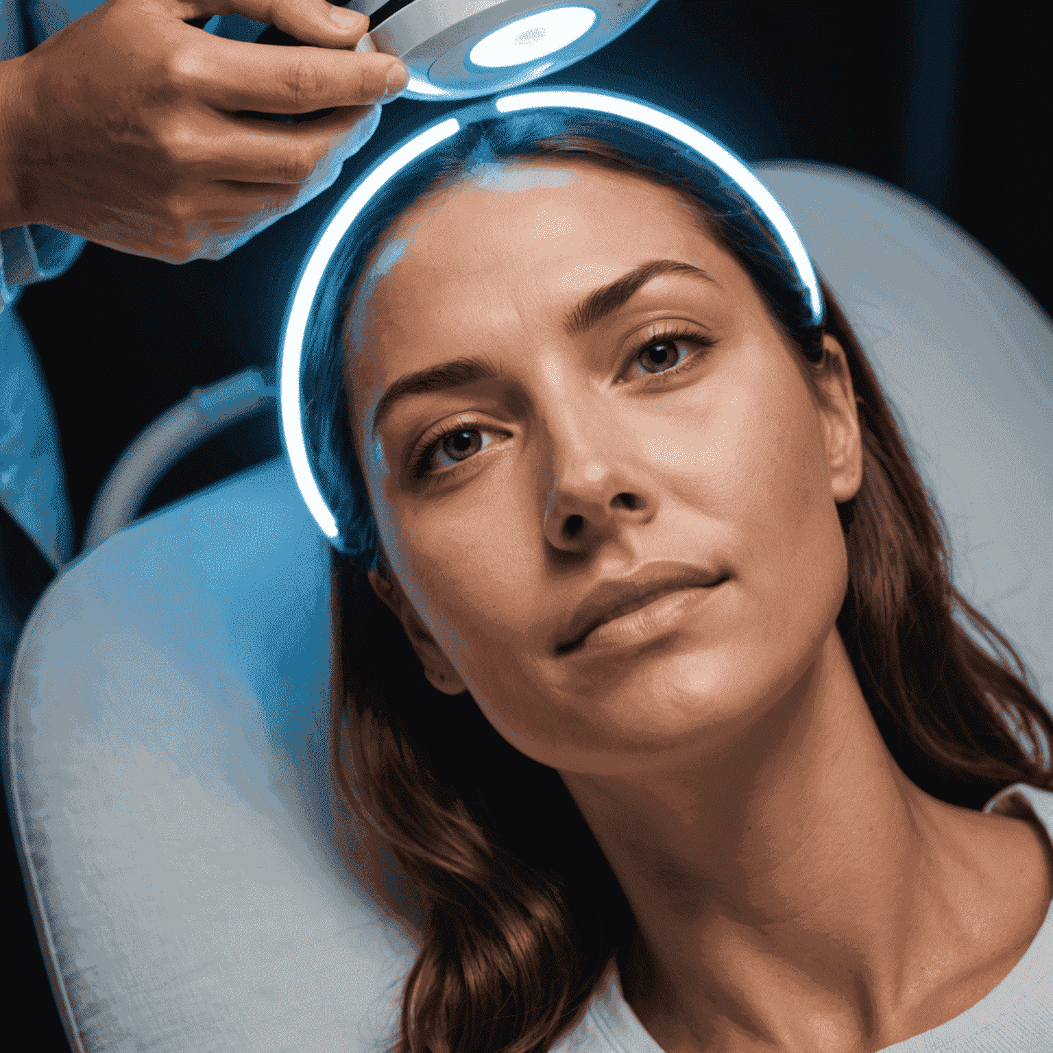 Woman receiving high-tech facial treatment with LED light therapy