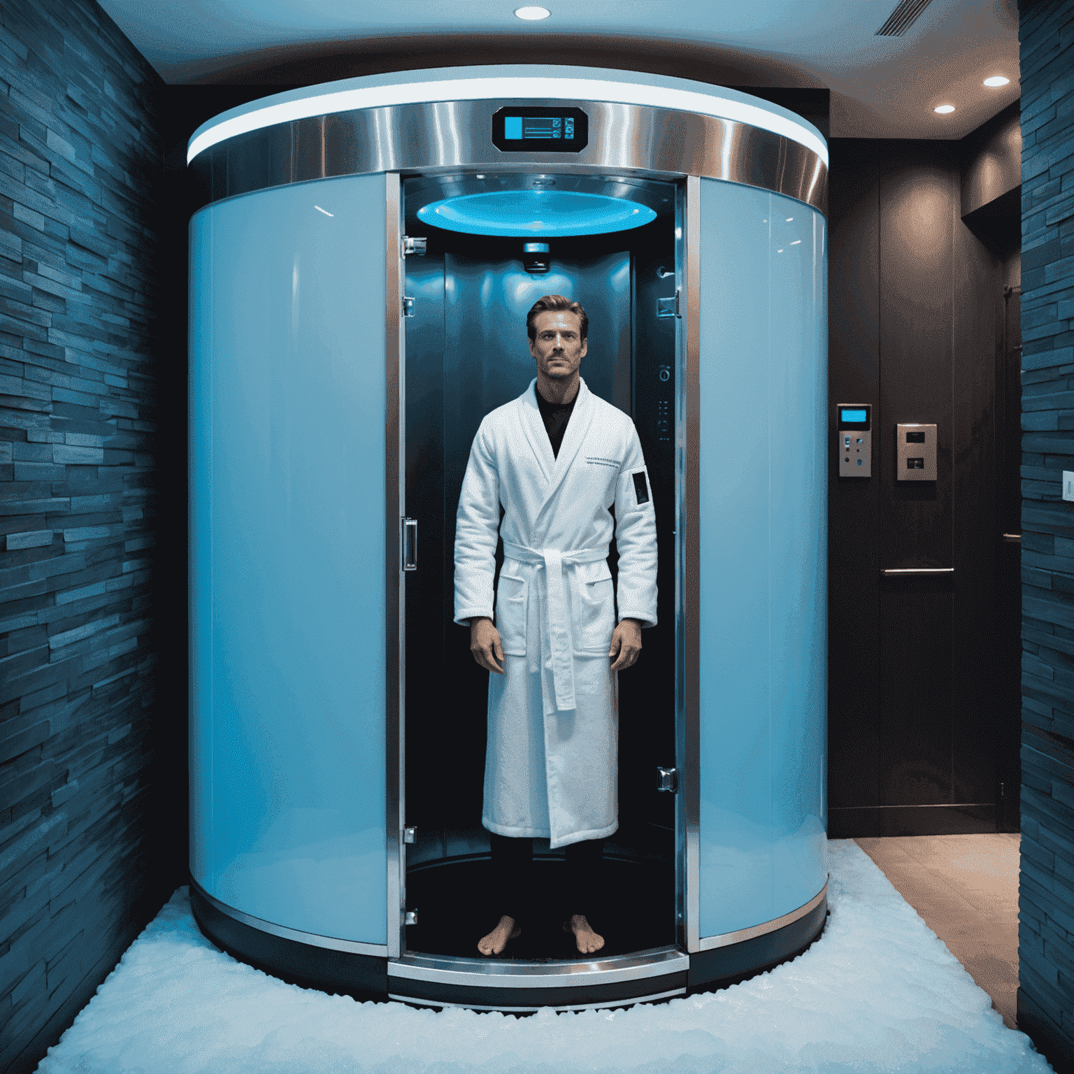 Celebrity entering a cryotherapy chamber in a luxurious spa setting