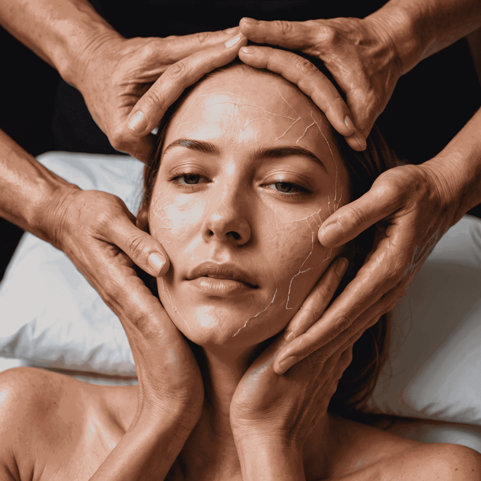 Close-up of hands performing a facial massage, with graphics overlaid showing increased blood flow and collagen production