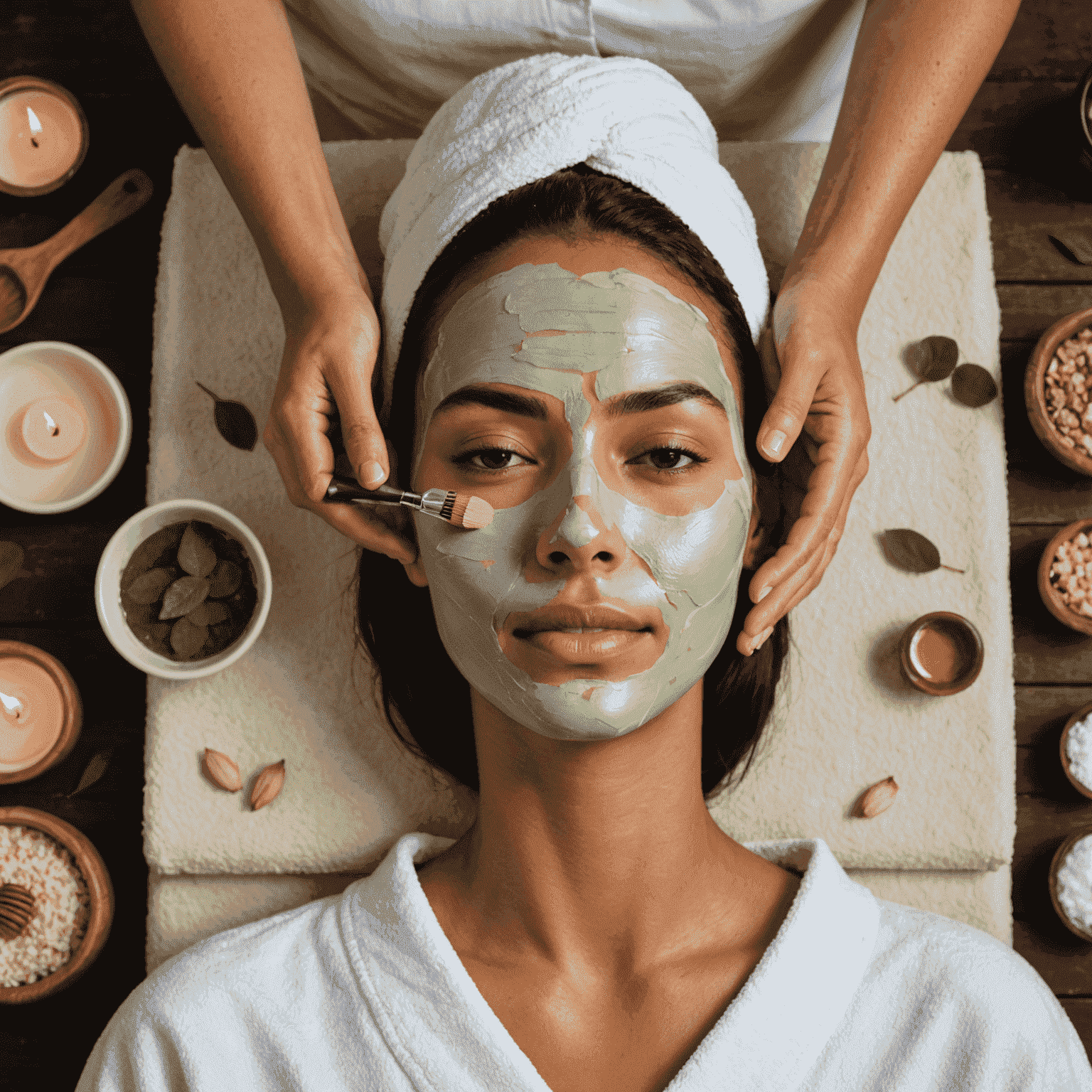 A woman receiving a luxurious facial treatment with natural, organic products in a peaceful spa environment