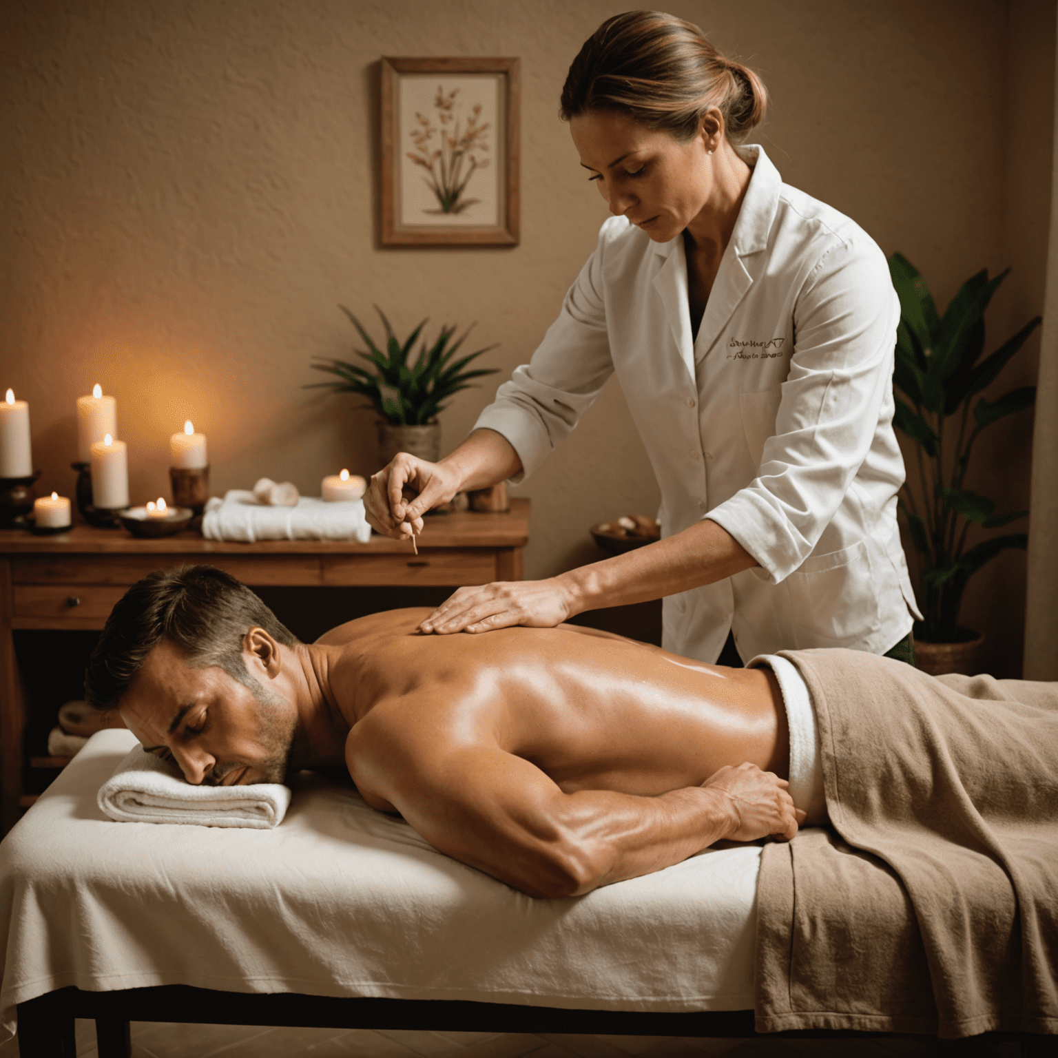 A massage therapist applying firm pressure to a client's muscles, focusing on deep layers of tissue in a tranquil spa room with earthy tones