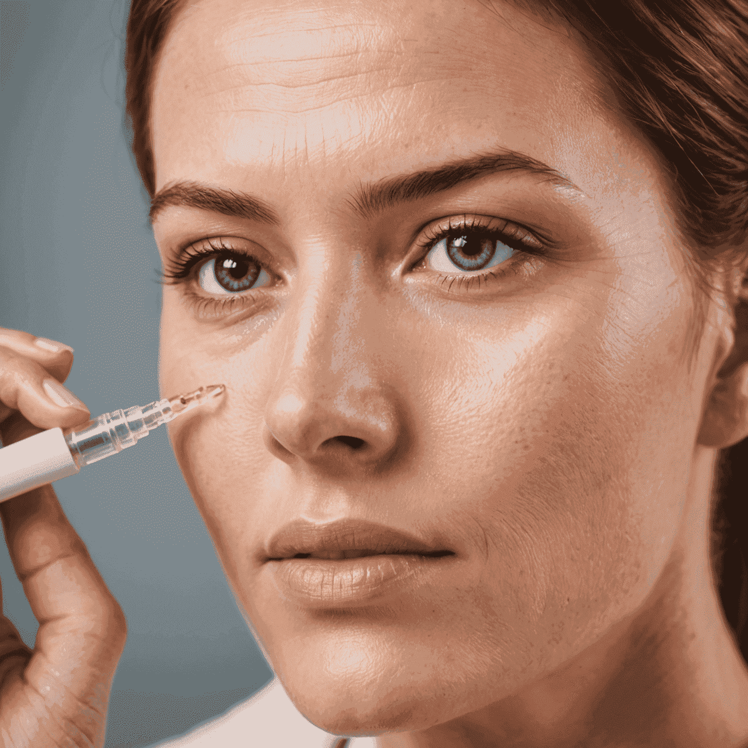 Close-up of a woman's face during an anti-aging facial, focusing on the application of a collagen-boosting serum