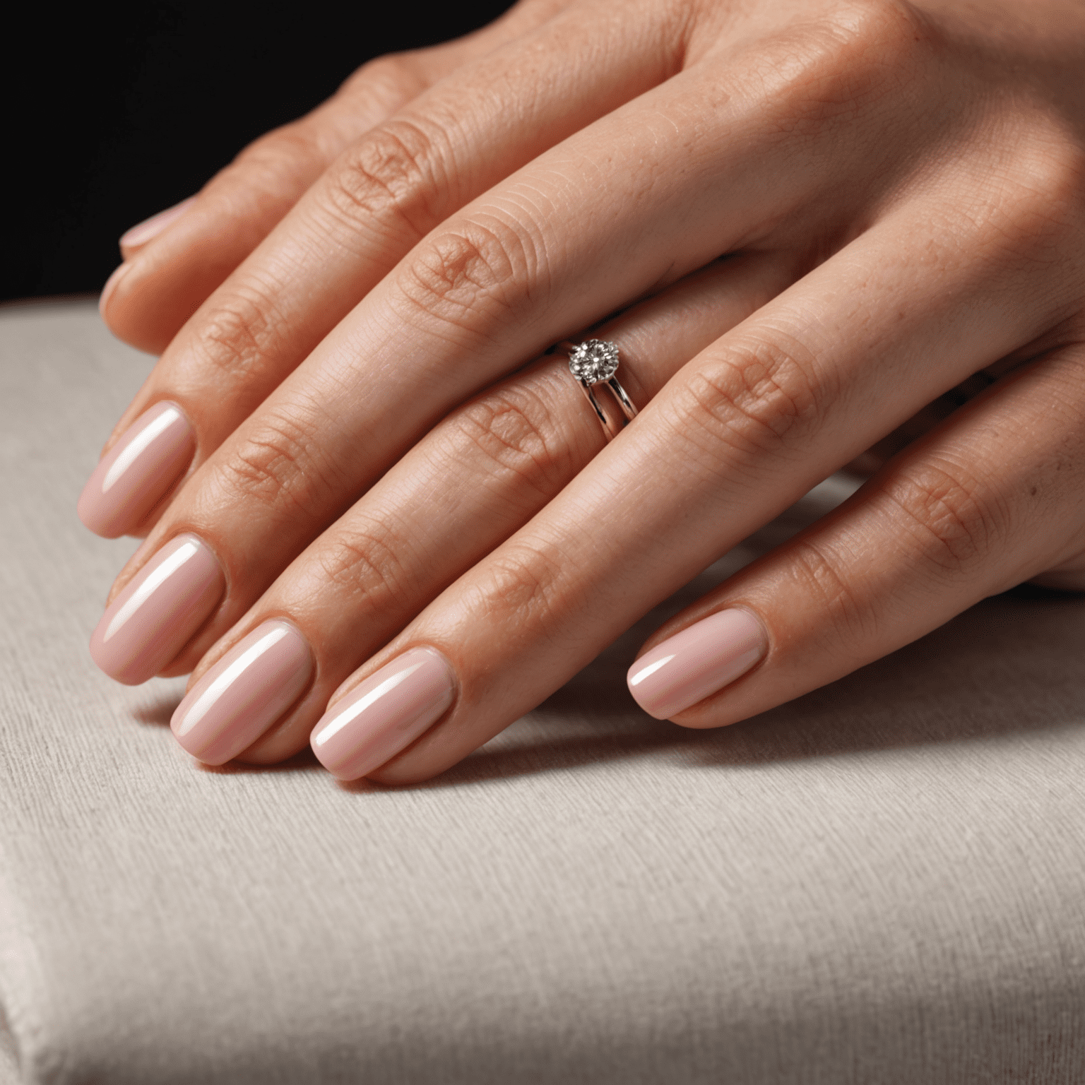 A close-up of beautifully manicured hands with a soft, natural polish. The image shows the precision and care taken in shaping and painting the nails.