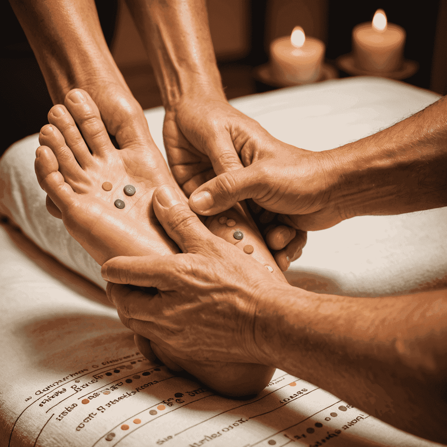 A close-up of hands performing reflexology on a client's foot, with a chart of foot reflexology points visible in the background. The treatment room has a warm, inviting atmosphere with natural elements.