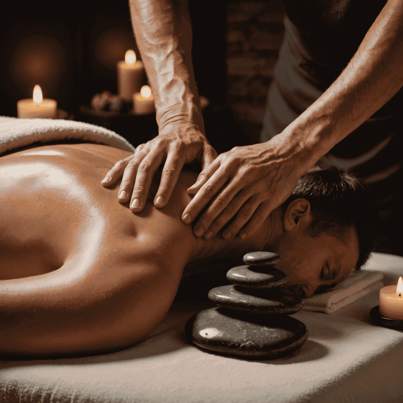 Smooth, heated stones placed along a client's spine and major muscle groups, with a therapist's hands visible, in a dimly lit spa room with natural elements