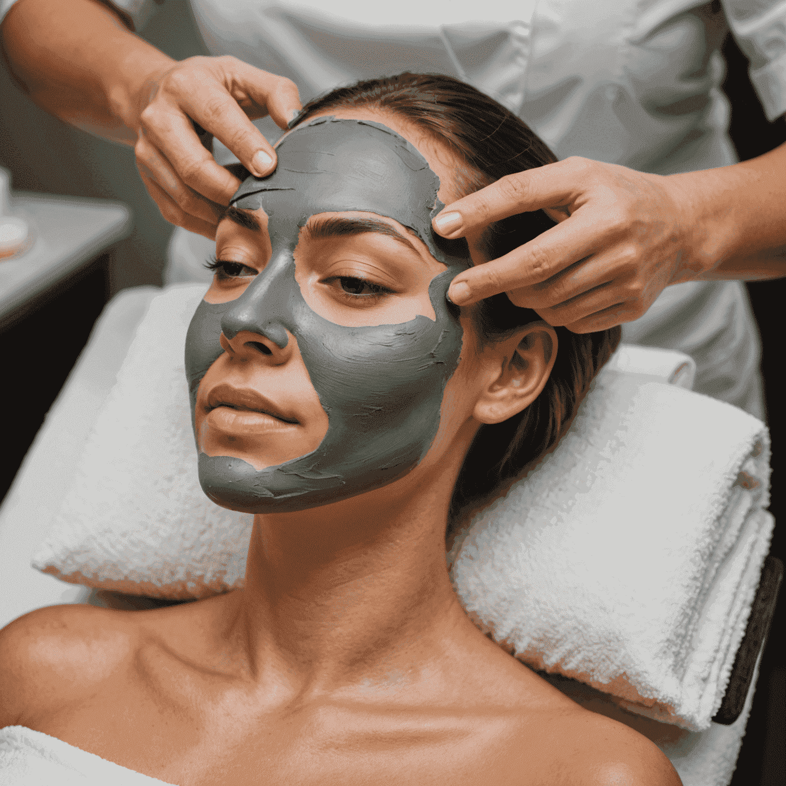 An esthetician applying a purifying clay mask to a client's face during a detoxifying facial treatment