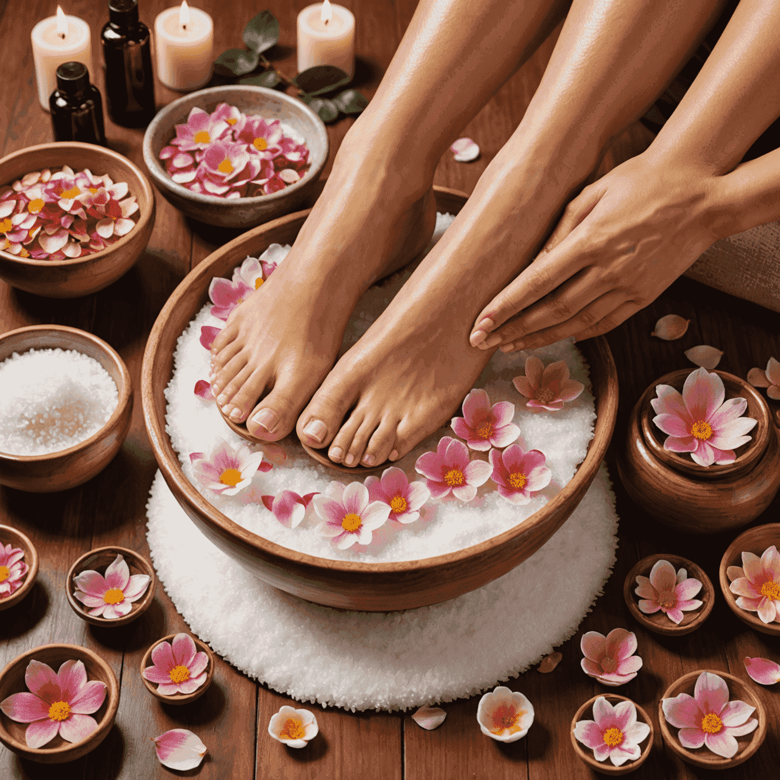 A pair of feet receiving a pedicure treatment, showcasing the spa's tranquil atmosphere. The image includes a foot bath with flower petals and various organic pedicure products.