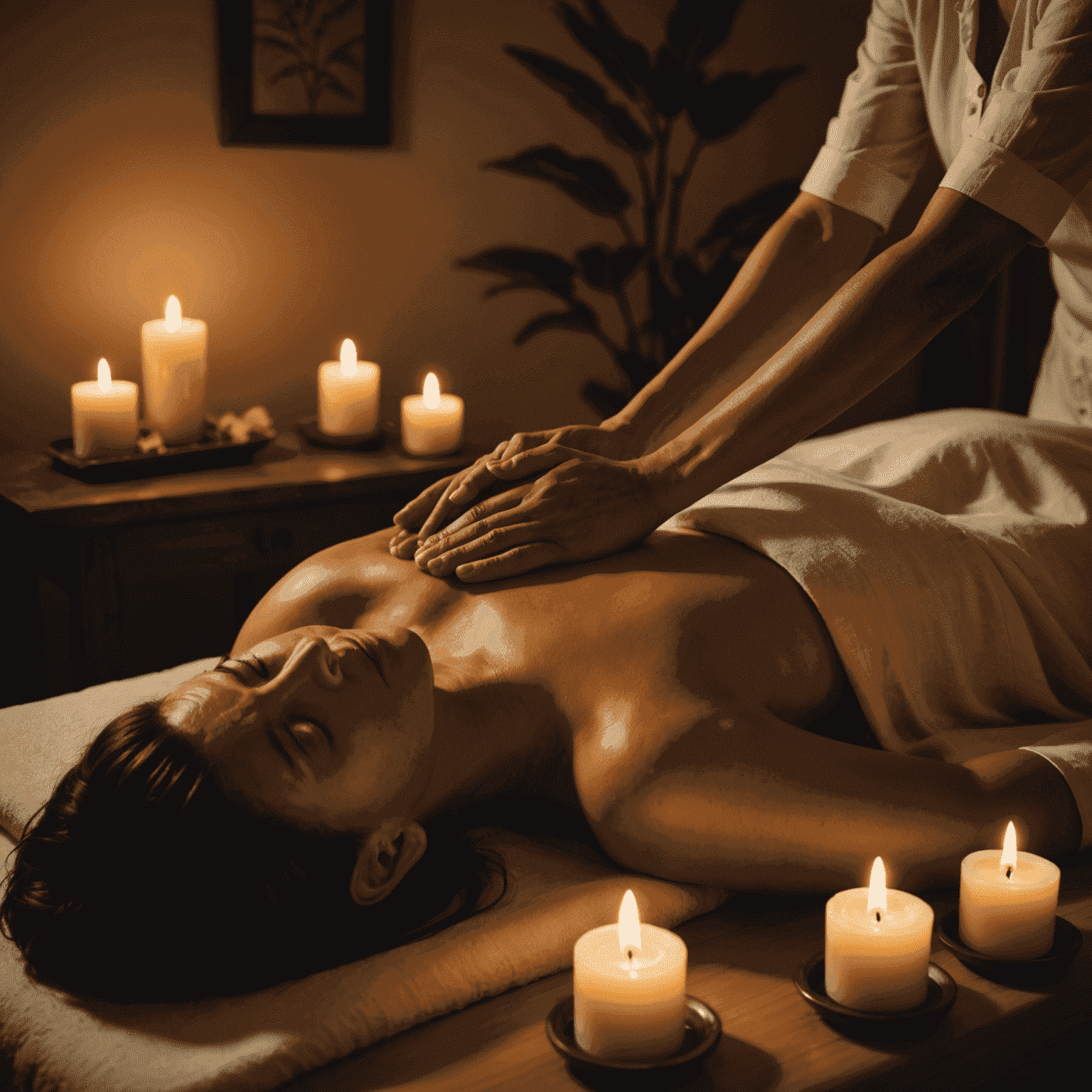 A peaceful reiki session in progress, with a practitioner gently placing hands above a client lying on a massage table. The room is dimly lit with candles and features calming, nature-inspired decor.