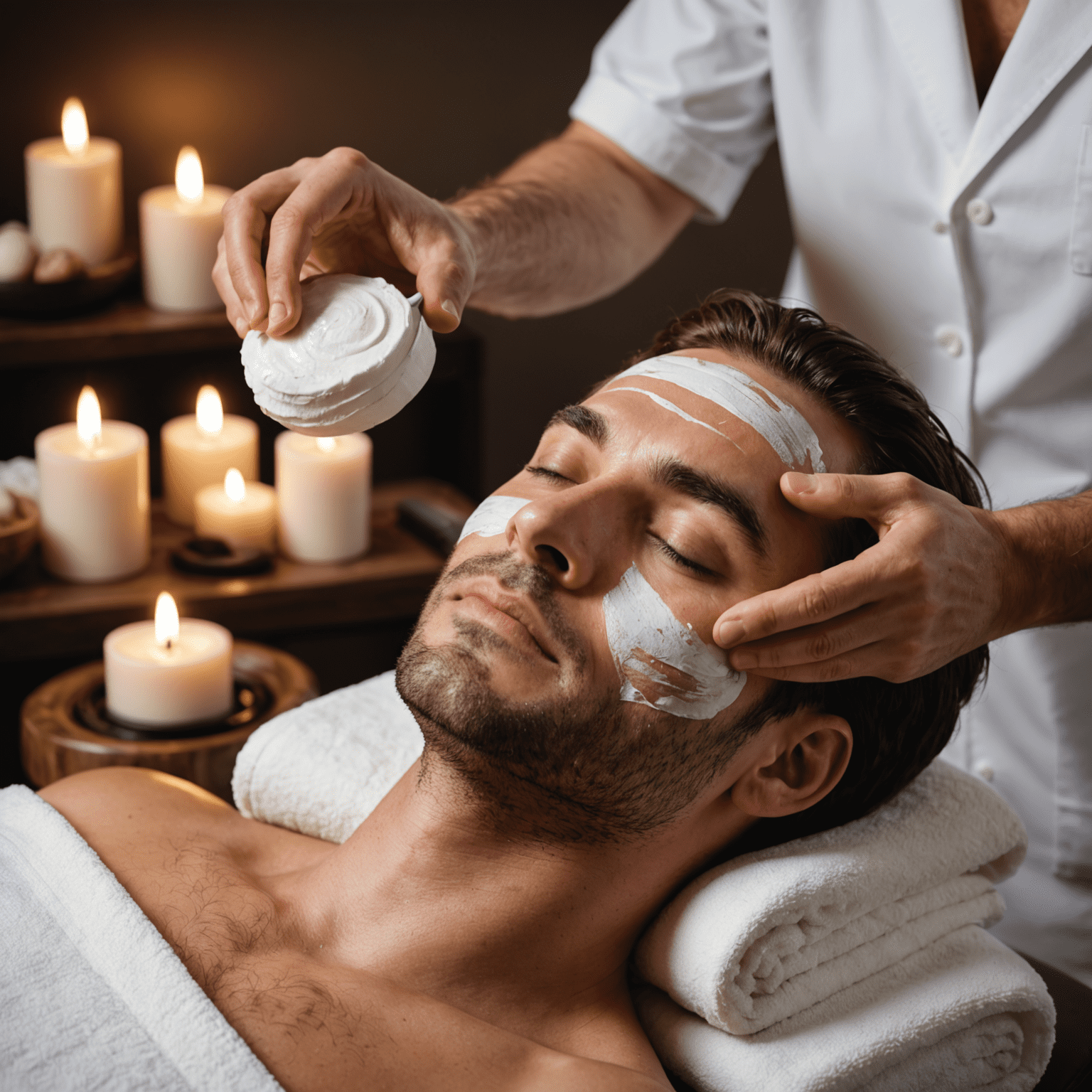 Man receiving a facial treatment in a modern spa setting