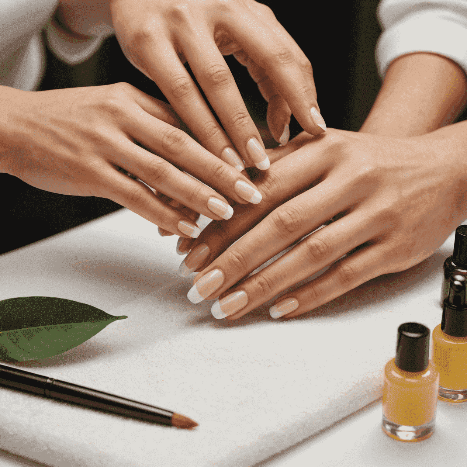 A close-up of hands receiving a manicure with organic products in a clean, stylish nail salon