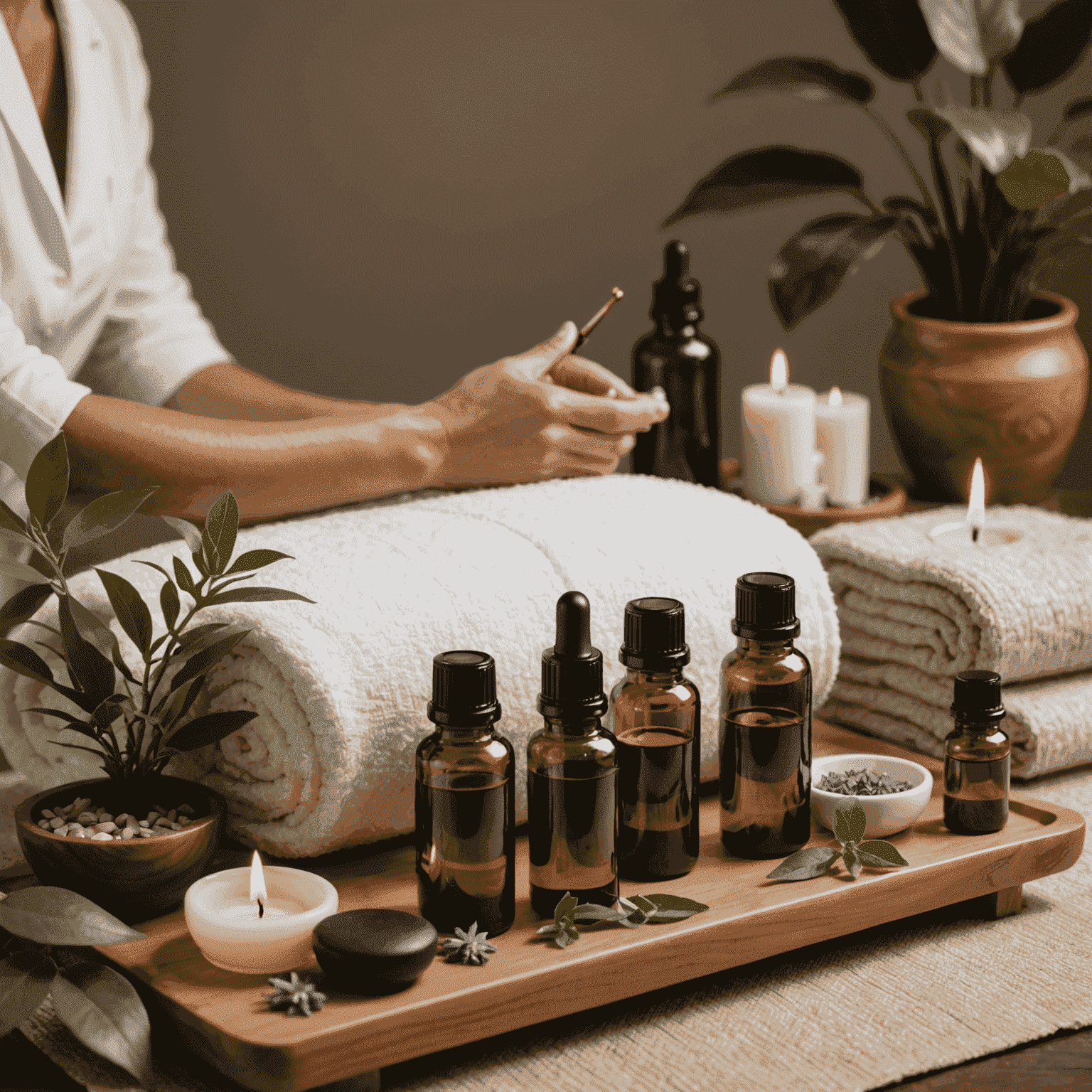 A therapist performing a massage using essential oils, with visible oil bottles and diffuser in the background, in a calming spa environment with soft fabrics and plants