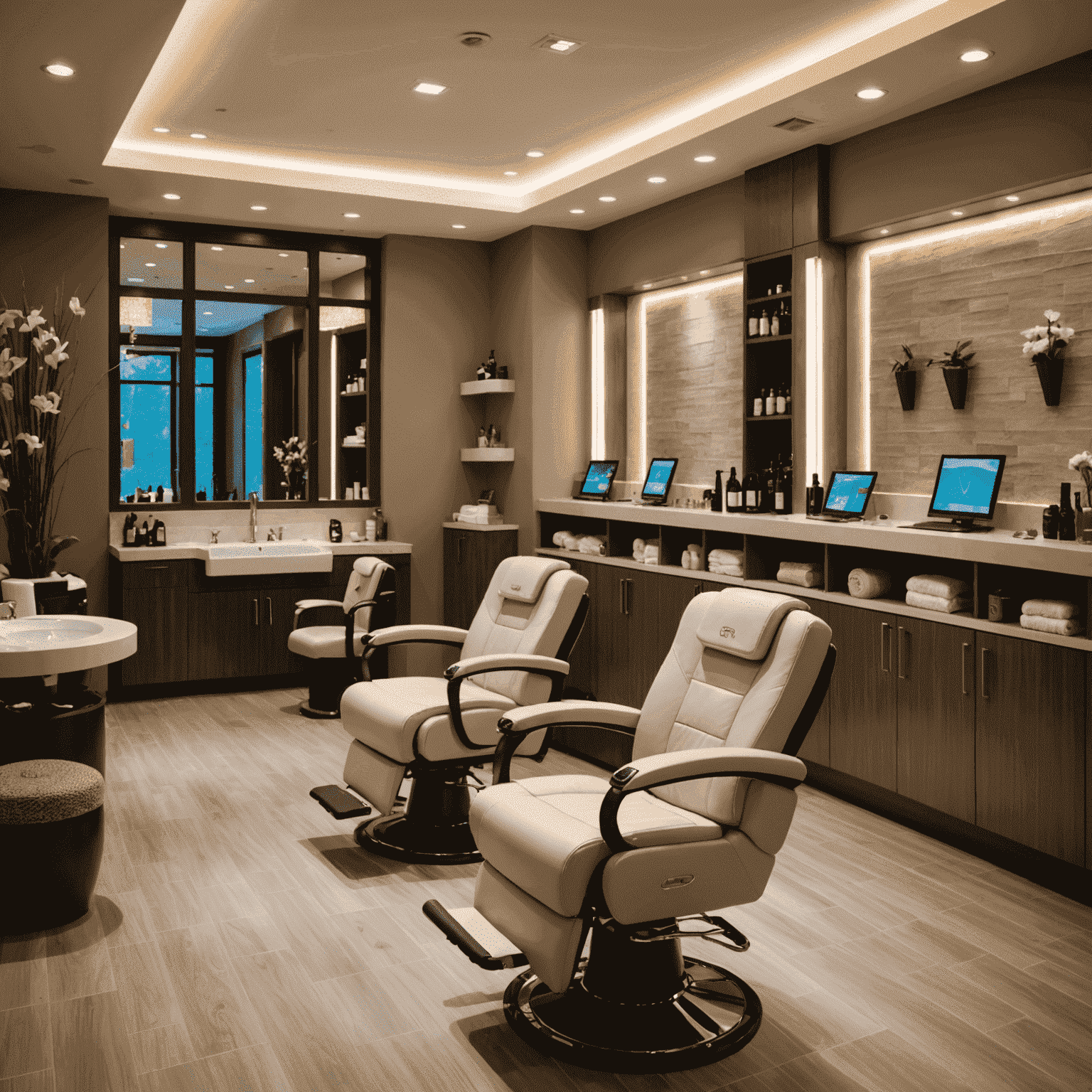 A panoramic view of the nail care area in Premium Spa Salon, showcasing multiple stations with comfortable chairs, soft lighting, and a calming decor that reflects the spa's commitment to relaxation and luxury.